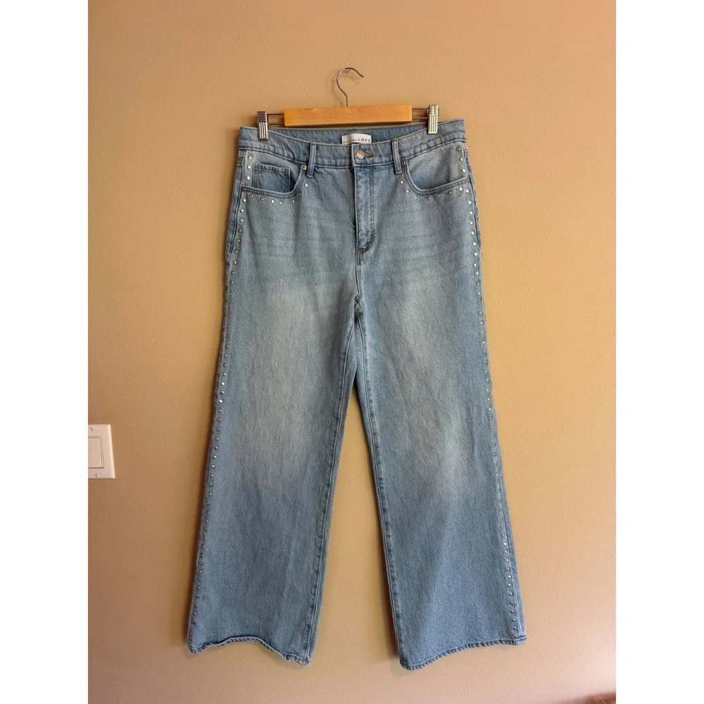 Studded Wide Leg Jeans Light Wash High Rise Denim Size 29/8